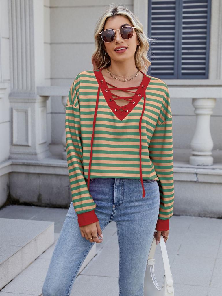Spring/Summer New Style Striped V-Neck Sweatshirt with Tying Long Sleeve for Women