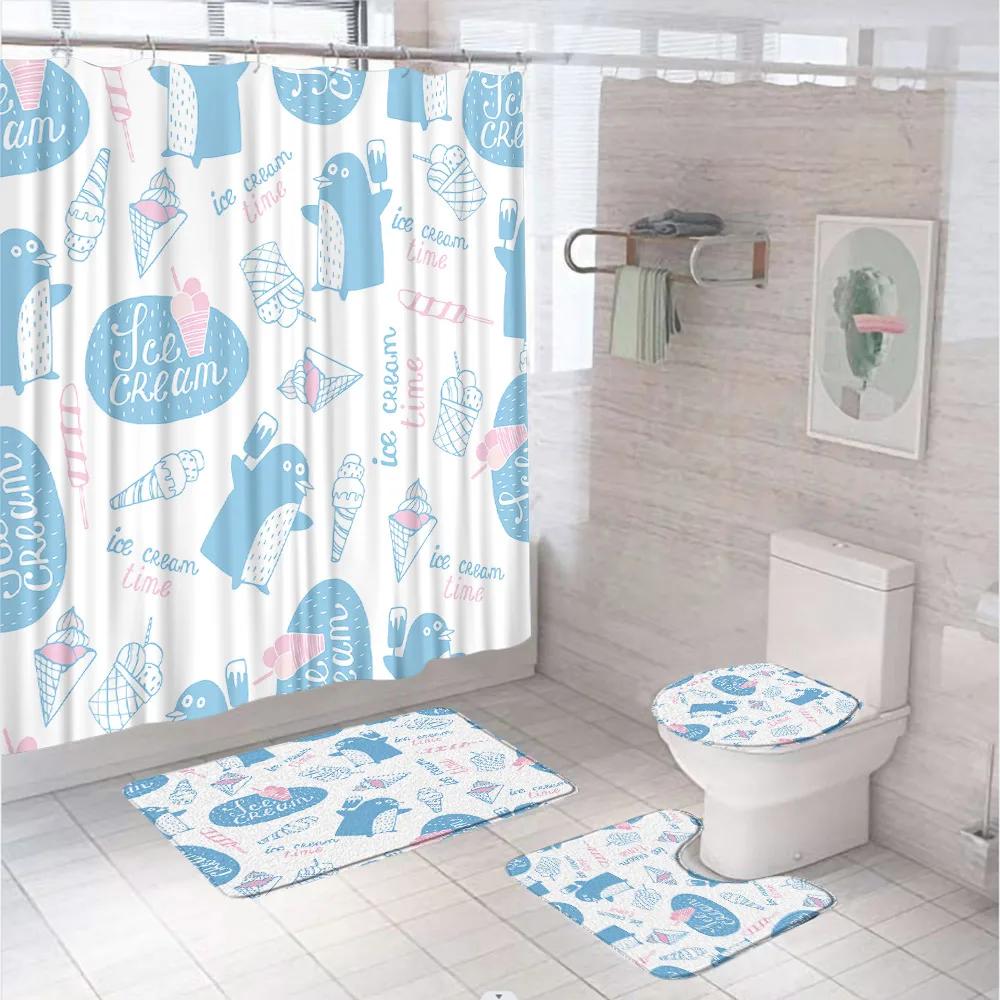 Funny Penguin Shower Curtain Set Animal Antarctic Ice Field Nature Blue Sky Bathroom Curtains Non-Slip Bath Mat Rug Toilet Cover