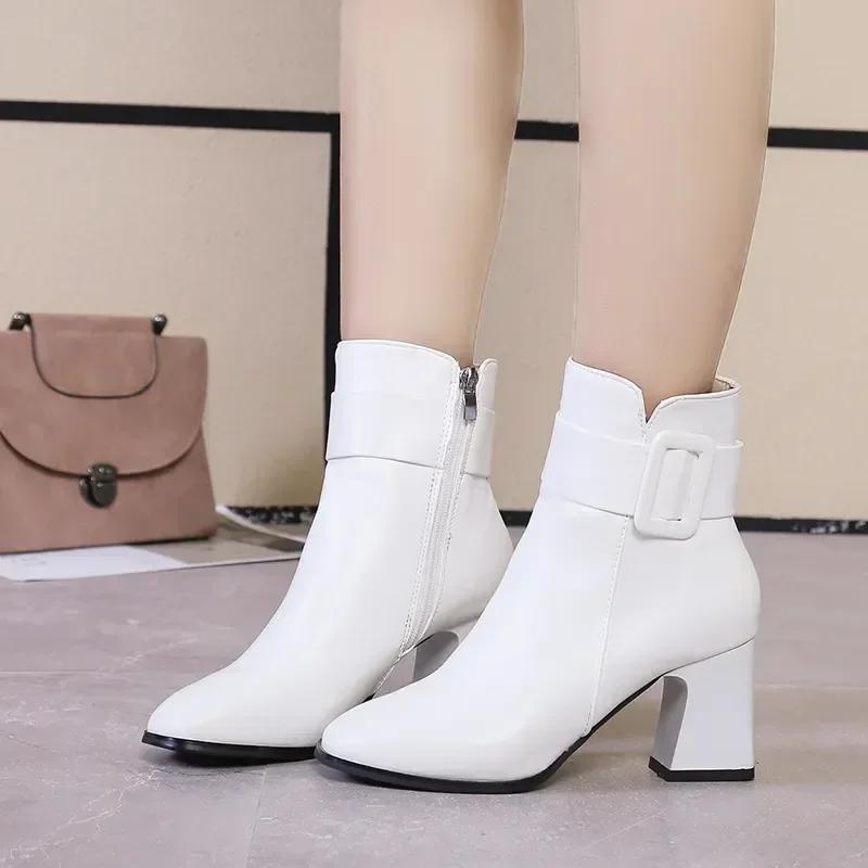 White Black Thick High Heel Ankle Boots Women 2025 Pointed Toe Keep Warm Elegant Short Booties Ladies Ankle Buckle Decoration