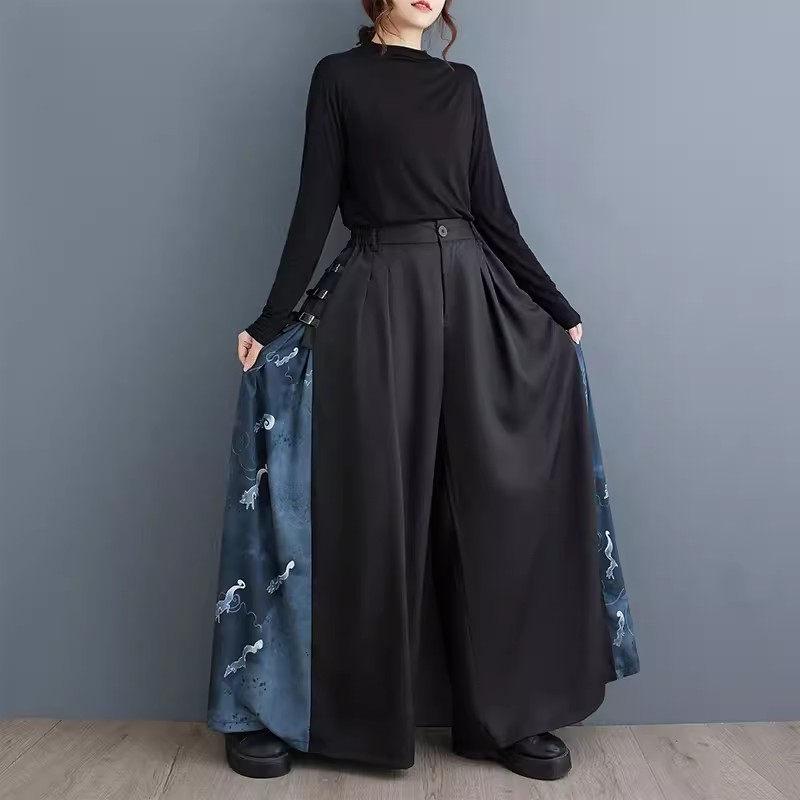 

Fashion High Waist Wide Leg Pants Women Chinese Style Patchwork Printed Casual Trousers Versatile Spring Autumn Palazzo Pants XL чорний
