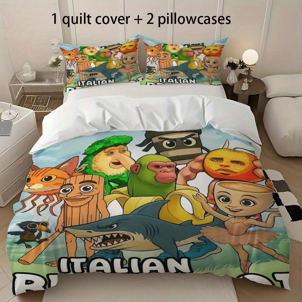 3Pcs Italian Brainrot Cartoon Crew Duvet Cover Set - Wrinkle-Resistant, Fade-Proof, Machine Washable, Lightweight All-Season