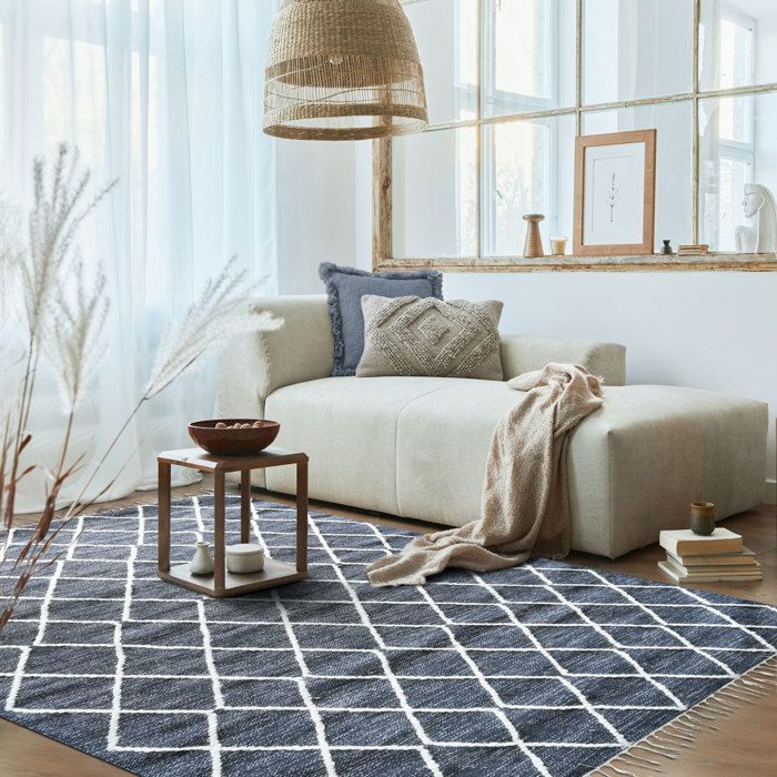 Living Room Rug Cotton Cross Stitches In Wool Dark Grey 120x170