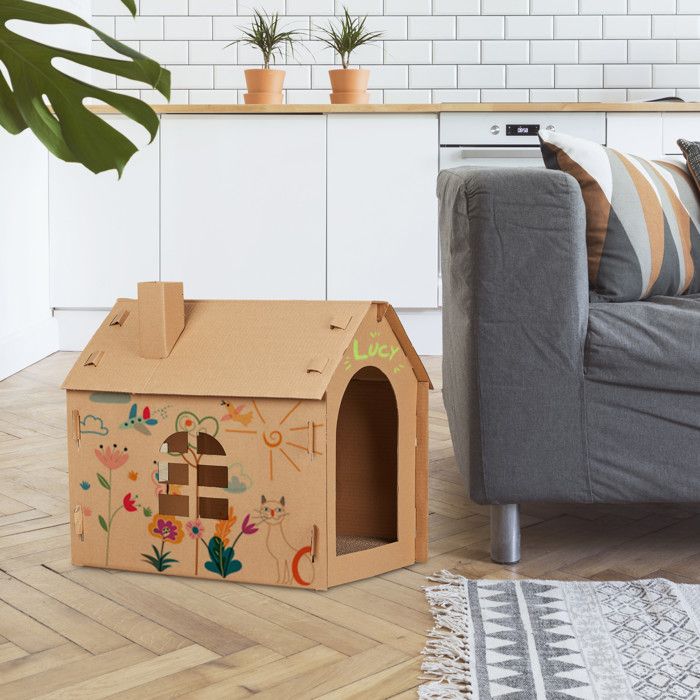 Relaxdays maison carton chat, niche avec griffoir, à construire, herbe-aux-chats incluse, 46 x 36,5 x 42,5 cm, marron