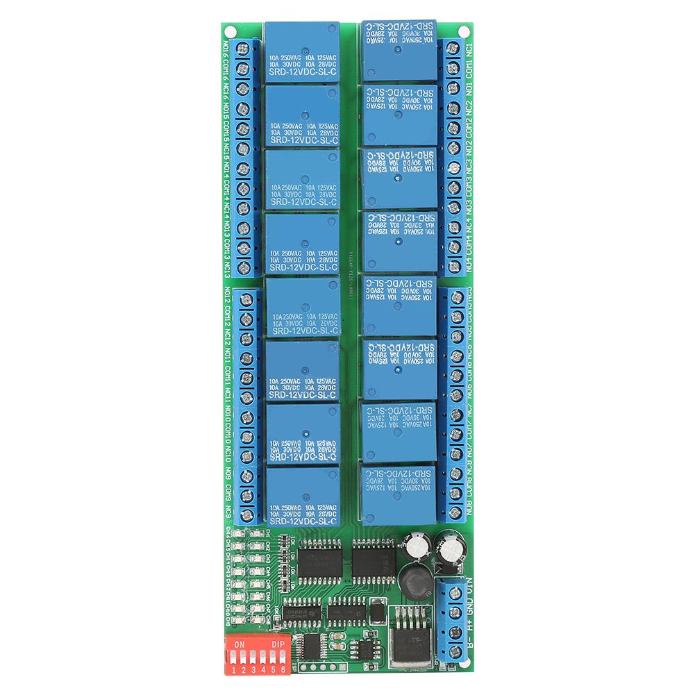 Placa de módulo de relé DC 12 V 16 canais MODBUS RTU RS485 Controlador PLC Porta serial Switch