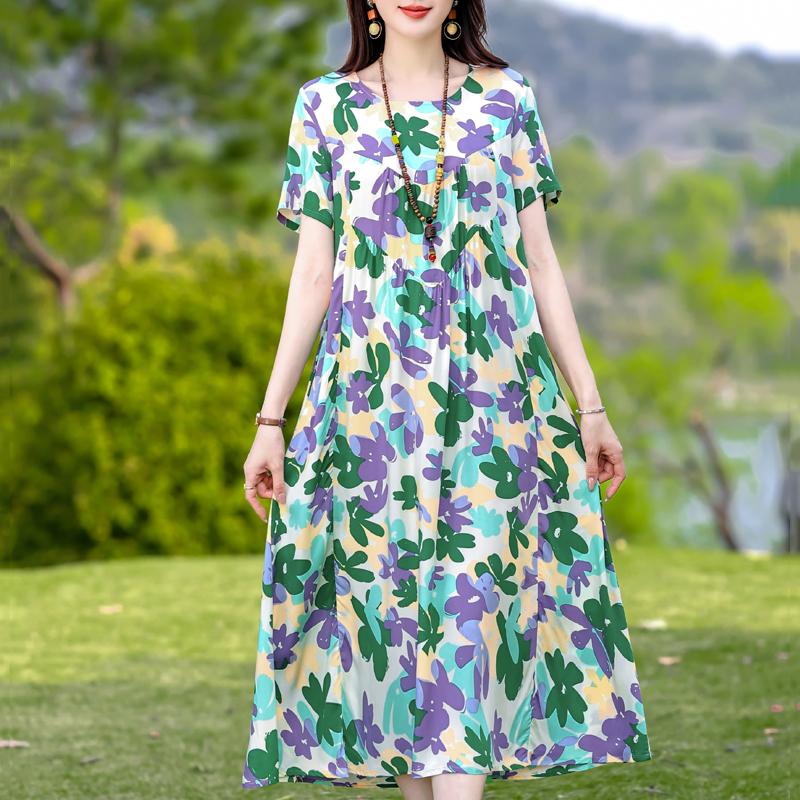 Plus Size Elegant Women's Summer Dress Vintage Clothes Short Sleeve Loose Long Dresses