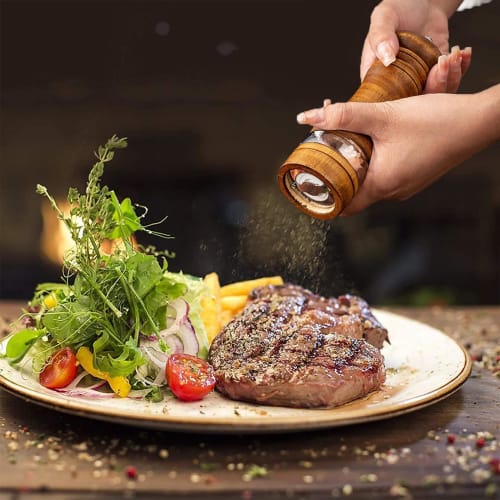 2-Pack 6.5-Inch Wooden Salt and Pepper Grinders with Adjustable Ceramic Core and Visible Window for Kitchen Use