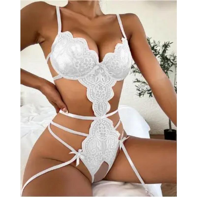 Lace Seamless Bodysuit Sexy Women Underwear Erotic Pajamas Crotchless Deep V Open Bra See Through Babydoll Lingerie  Set
