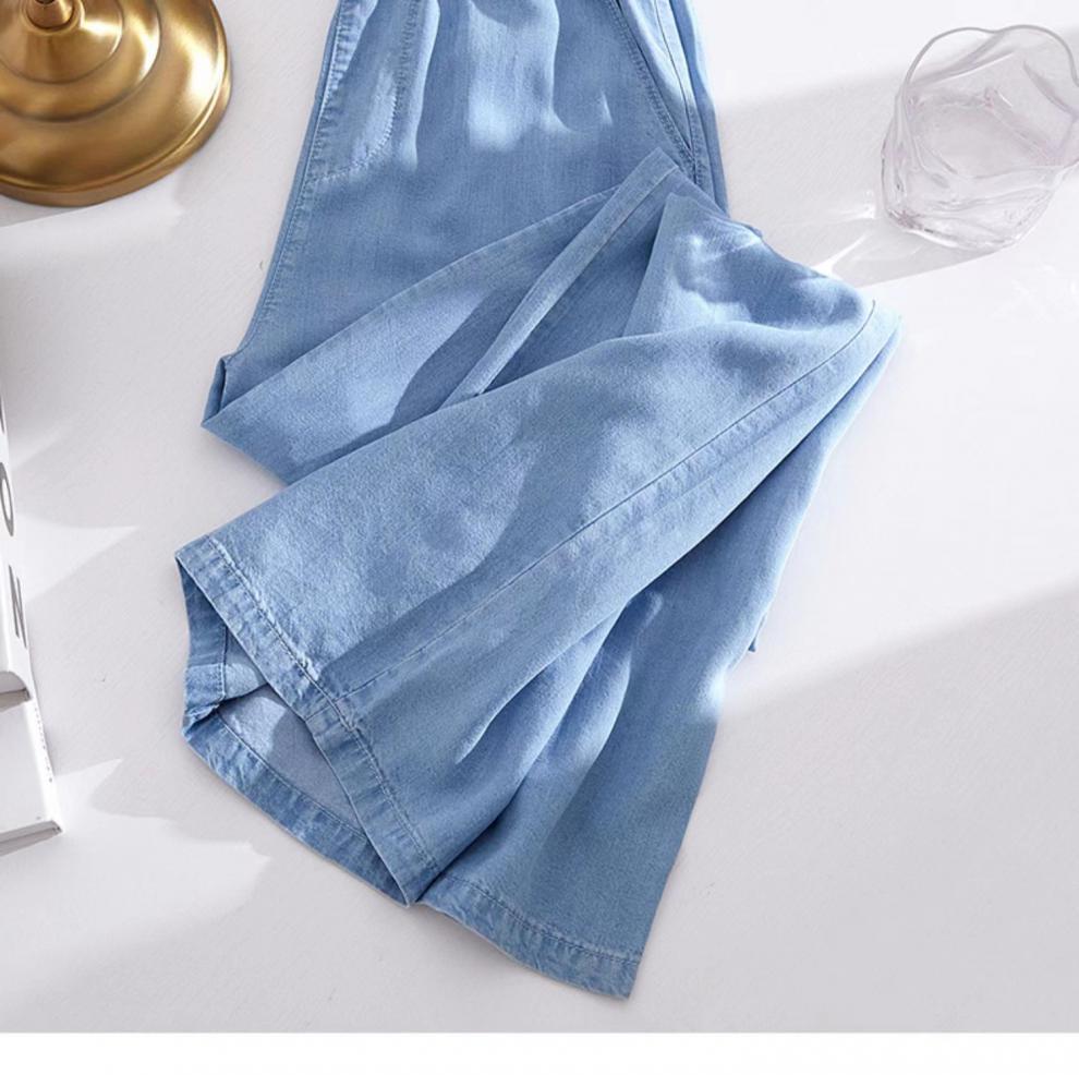 Yaz İçin Kadın Yüksek Bel Tencel Buz İpeği Geniş Paça Kot Pantolon
