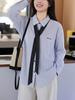 Women's Blue Striped Long Sleeve Shirt: Spring 2026 New Design with Tie Top, Loose and Fashionable.