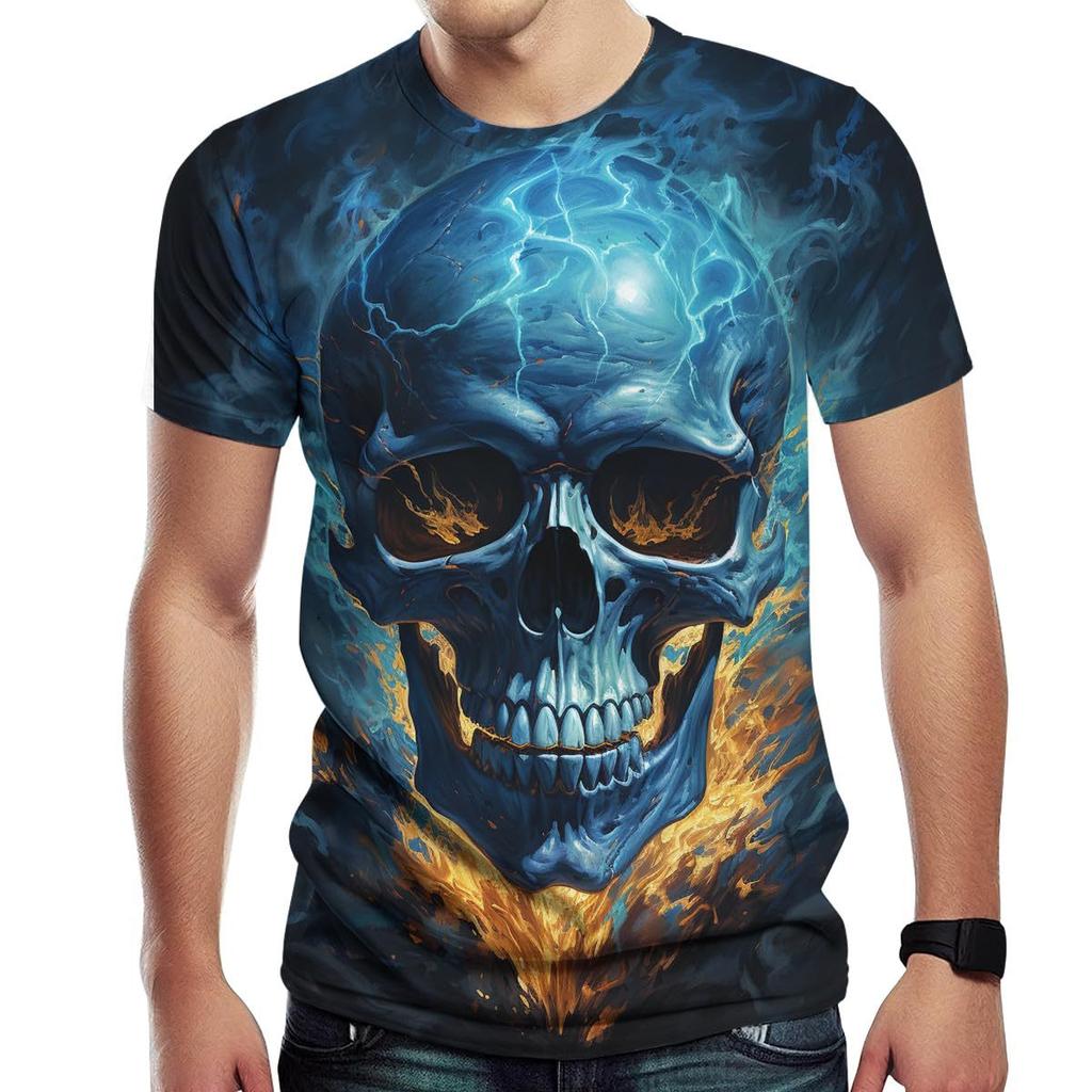 Summer Round Neck 3D Flame Skull Graphic Print Top Fashionable Casual Short Sleeved Men's T-shirts