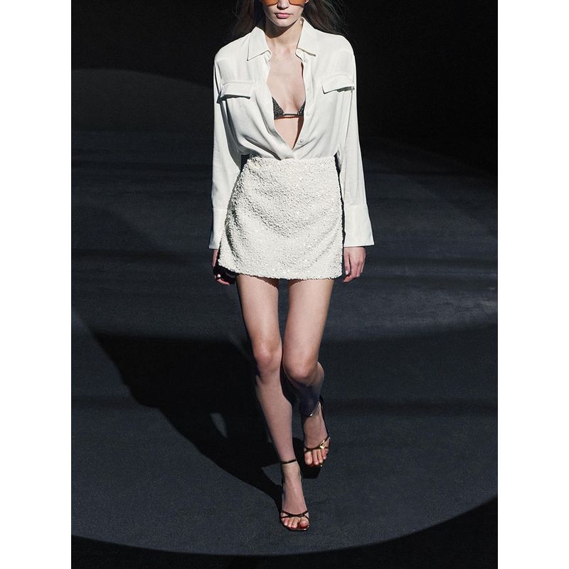 Za2025 Spring New Women's Clothing Casual Flip Pocket Silk Satin Texture Lapel Long Sleeve Shirt 8987213