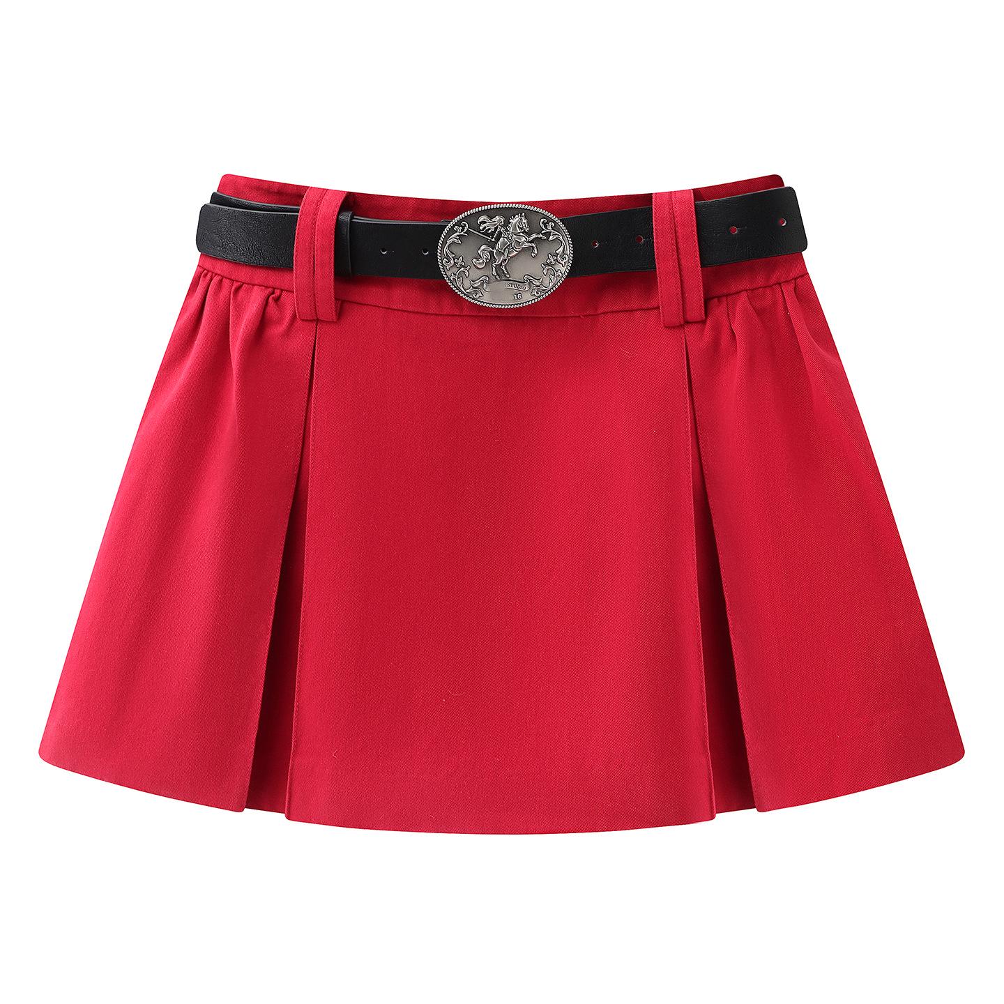 In Stock: 2026 Spring Women s Playful High-Waisted Red Pleated Skirt Large красный