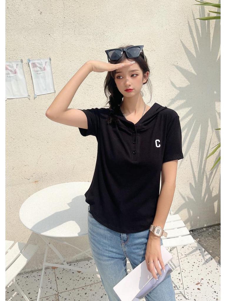 2022 Summer Korean Hooded Button T-shirt - Hot Celebrity Short-Sleeve, Loose Fit for Female Students