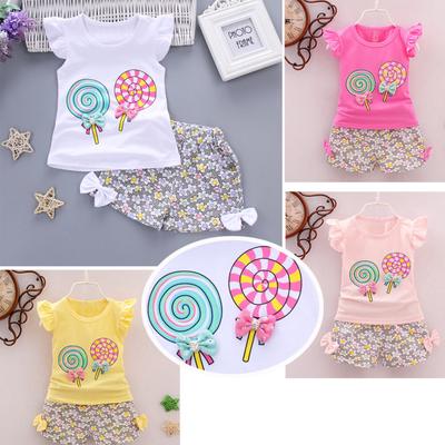 2pcs/set Girls Cotton T-shirt  +  Short  Pants Lollipop Print Clothes Outfits Short Sets