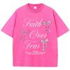 Pink Bow Letter Printed Washed T-shirt  Cotton Top Comfortable Anti Wrinkle Round Neck T-shirt Summer Neutral
