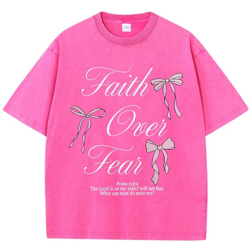 Pink Bow Letter Printed Washed T-shirt  Cotton Top Comfortable Anti Wrinkle Round Neck T-shirt Summer Neutral