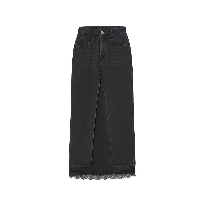 Длинная джинсовая юбка А-силуэта с кружевной отделкой XS 155