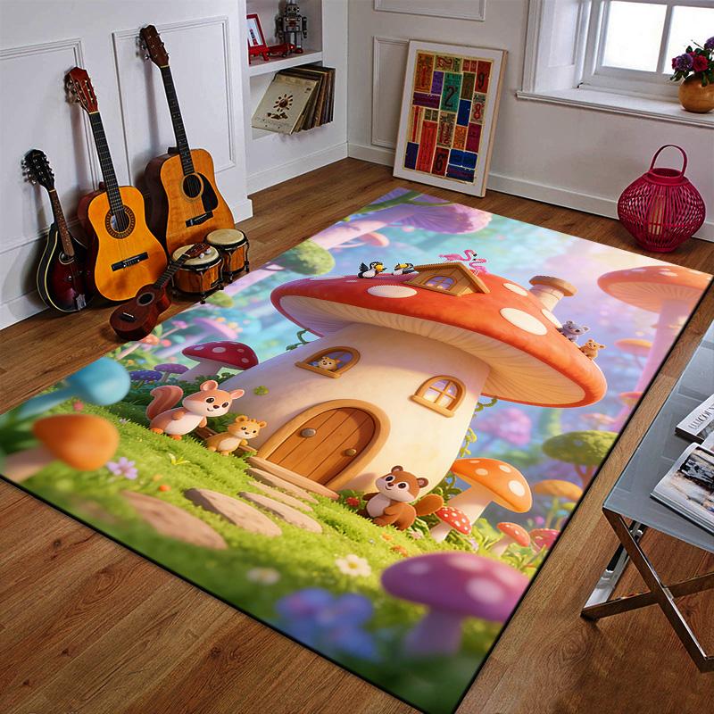 "Mushroom House with Cute Forest Animals" Patterned carpet a non slip rug suitable for all seasons and any setting, gift