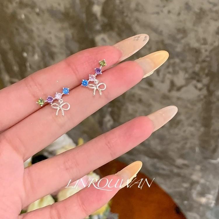 Dopamine color zircon bow stud earrings women s niche design earrings unique and beautiful earrings