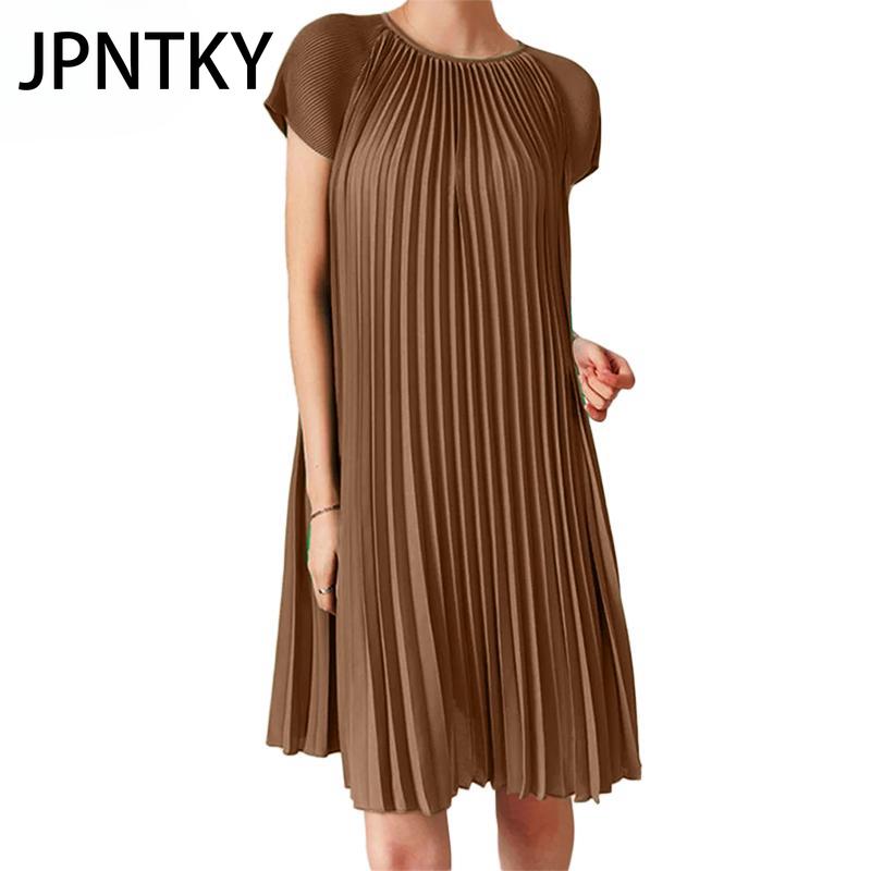 

JPNTKY Женское повседневное летнее платье с коротким рукавом, круглым вырезом и плиссировкой XXL коричневый