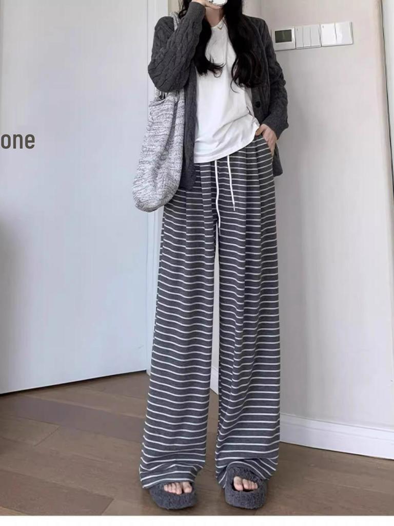 Women's High Waist Wide Leg Stripe Pants - Relaxed Drape Yamamoto Design for Spring/Autumn