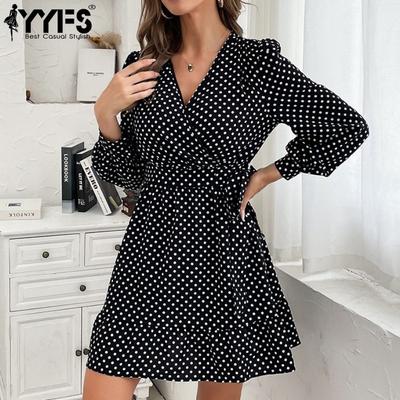 Women's Fashion Spring Fall Polka Dot Print Long Sleeve V-Neck High Waist Casual Dresses