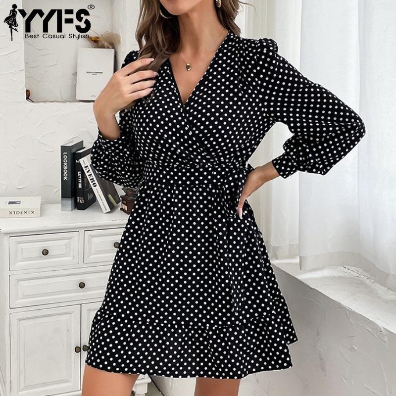 YYFS Moda Donna Primavera Autunno Stampa a Pois Manica Lunga Scollo a V Vita Alta Abiti Casual