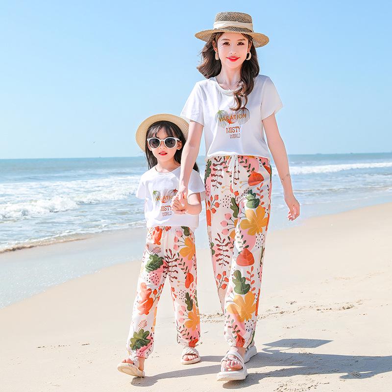 2025 Lato Strój Rodzic-Dziecko: Zestaw długich spodni Matka-Syn/Córka dla trzech/czterech osób