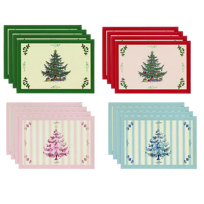 Christmas Tree Print Linen Placemats Bowls Plates Anti-slip Heat-insulating Mats Christmas Themed Table Mats for Home Decoration