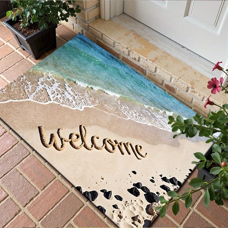 Beach Wave Welcome Mat, Realistic Ocean Sea Coast 2D Flat Printing Entryway Rug, Non-Slip Washable Floor Mat
