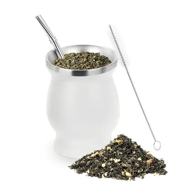 230ML Mate Cup 304 Stainless Steel Double Wall 8oz Portable Tea Mug Mate Tea Gourd with 2 In 1 Straw Spoon Give Cleaning Brush