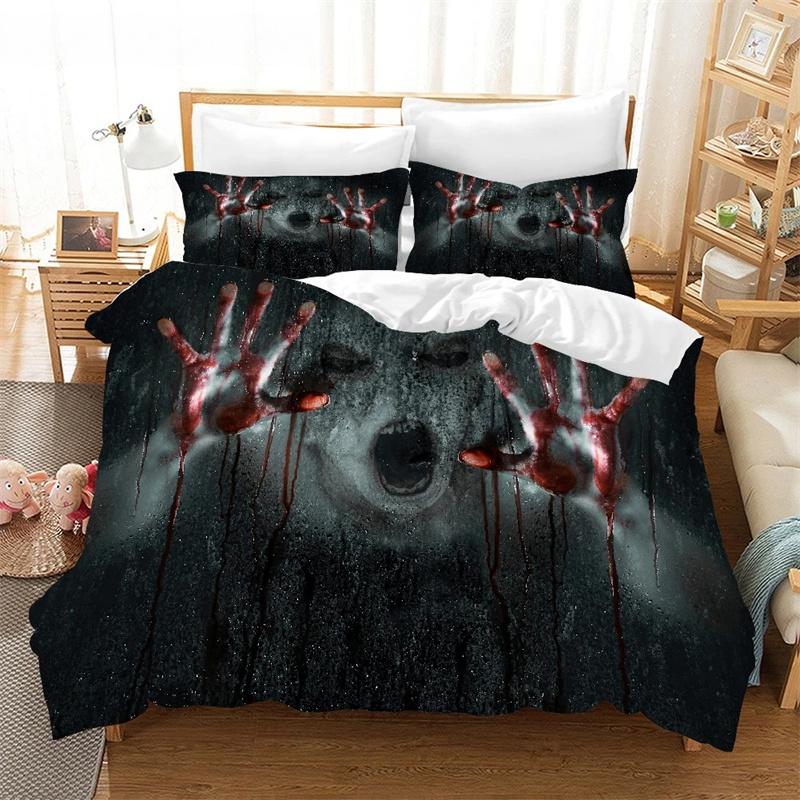 Halloween King Queen Bettbezug Horror Blood Hand Bettwäscheset für Teenager Gruselige rote Blutflecken 2/3-teilig Polyester Bettbezug