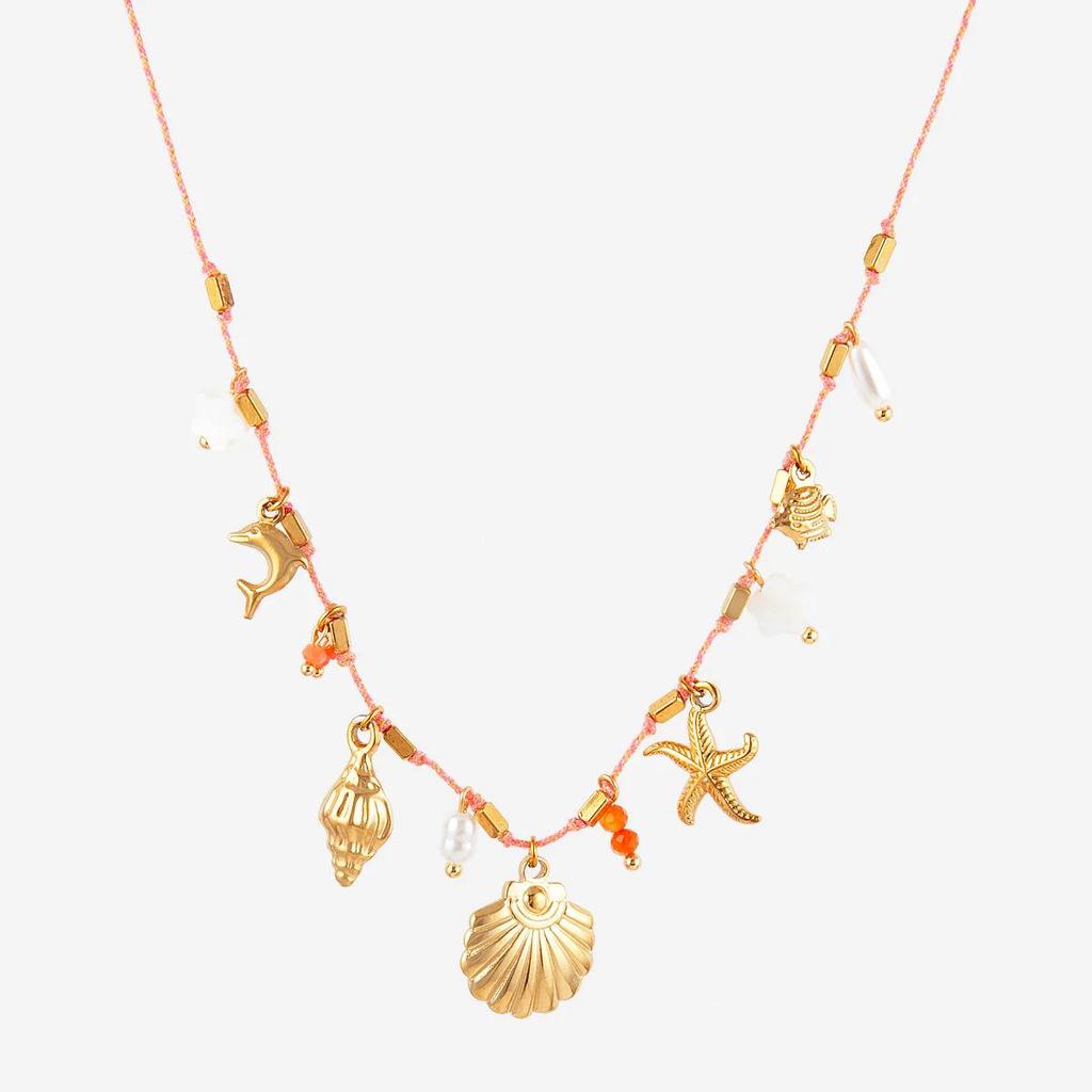 Dopamine Necklace and Bracelet with Whale, Starfish, Shell, 18k Stainless Steel, Multi-Color Conch Pendant.