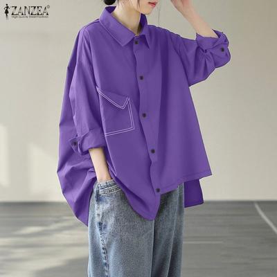 Women Casual Turn Down Collar Loose Long Sleeve Blouse