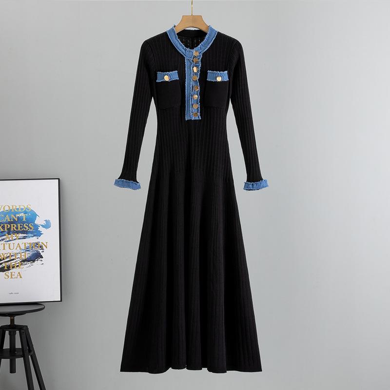 Women's Spring Long Sleeve Sweater Dress Fall Button Ribbed Knit Pleated Dresses Color Block Knit A Line Slim Fit Elegant Maxi Dresses for Women