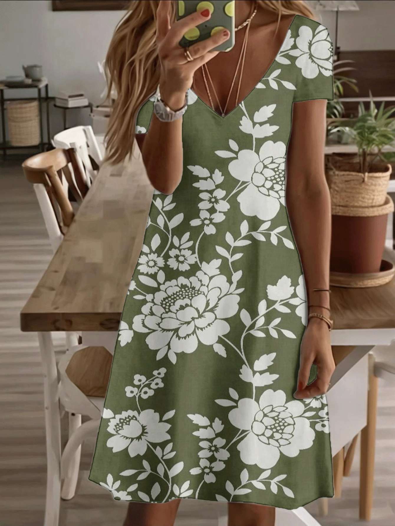 

Vneck shortsleeve midi dress green floral print pattern 3D premium printing durable casual fashion summer elegant women’s dress stylish breathable sof 5XL дубильная кора