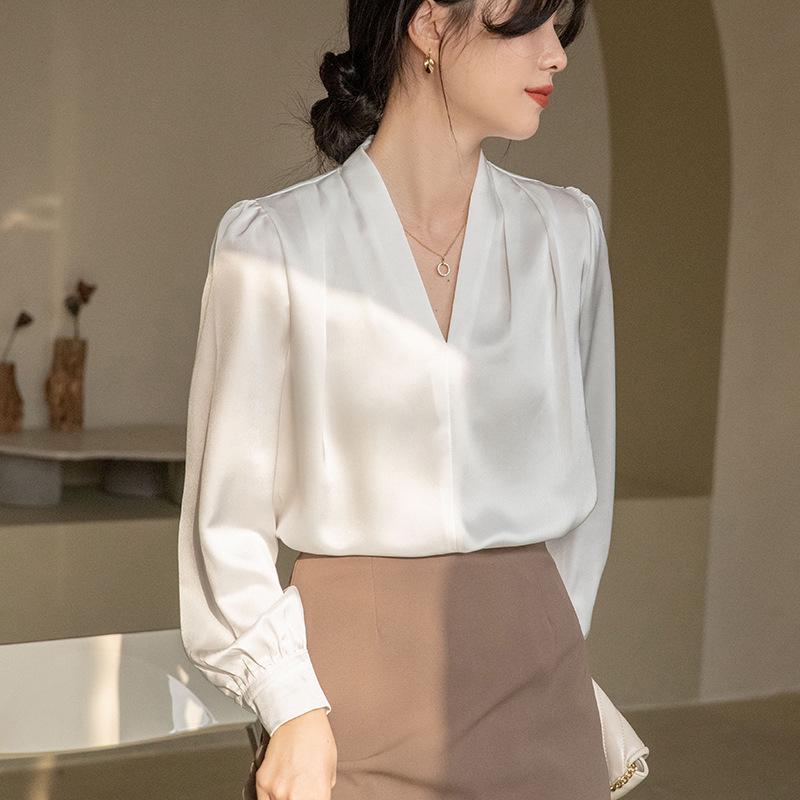 2025 Spring V-Neck Satin Long-Sleeve Korean Style Women's Top