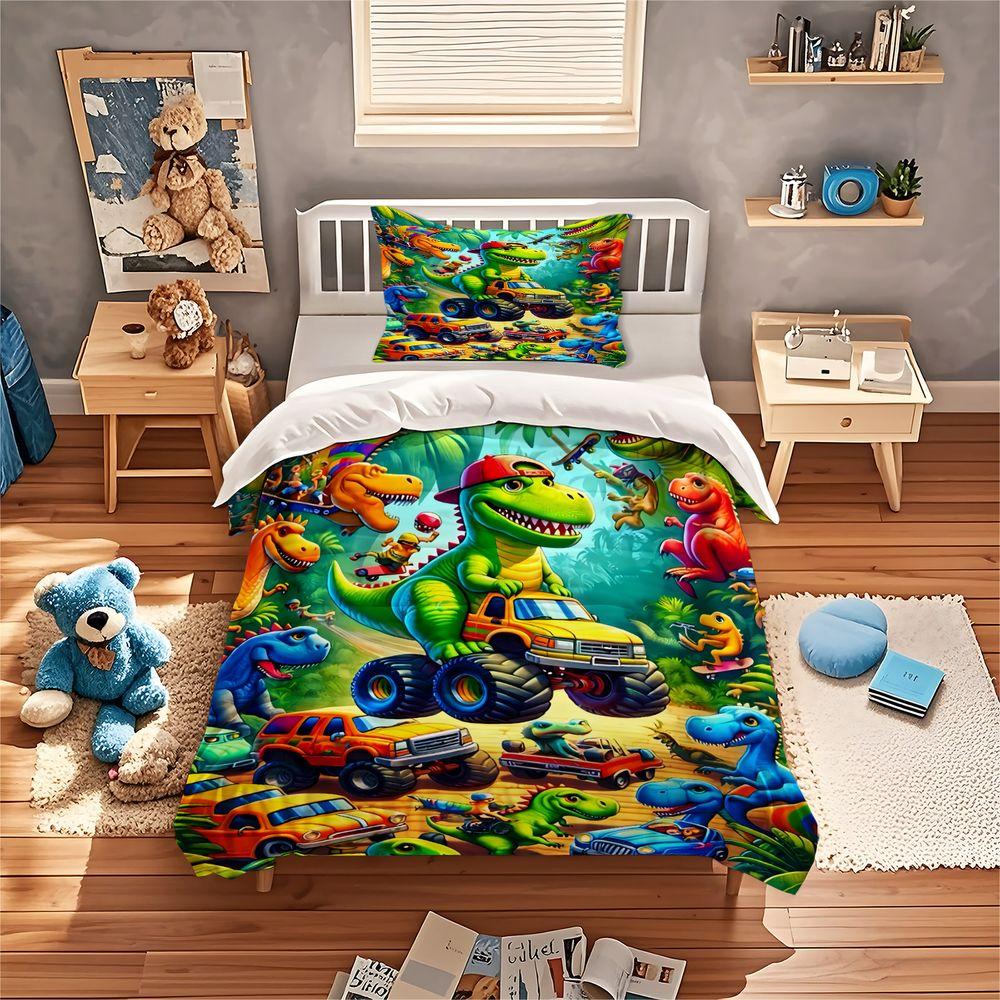 2/3Pcs Dinosaur Monster Truck Duvet Cover Set(1 Duvet Cover & 1/2 Pillowcase) Soft Kids Bedding Set Ideal Bedroom Decor Gift