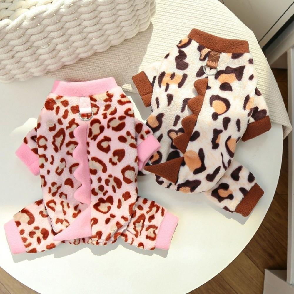 Thickened Leopard Print Dinosaur Dog Jumpsuit with D-Ring Dog Towing Suit Dog Coat  Outdoor Wear