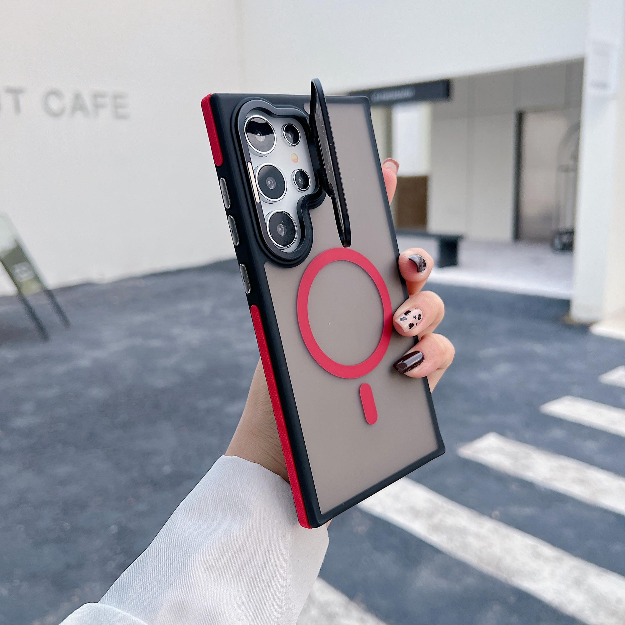 

For Samsung Galaxy S25 Ultra Magnetic Case Skin-Touch TPU Acrylic Phone Back Cover with Lens Protector Kickstand Red