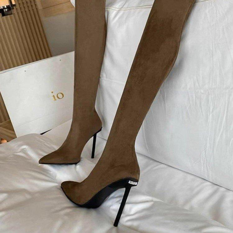 High Heel Thin Heel Skinny Boots Autumn and Winter Elastic Sleeve Women's Suede Knight Boots Tall Pointed Long Boots