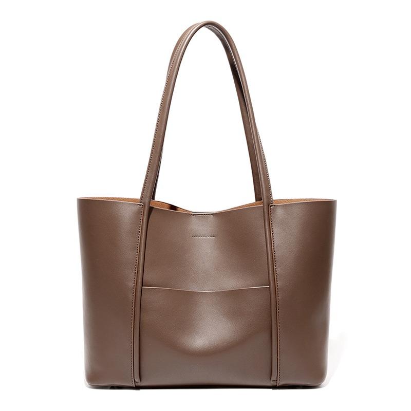 

Большая сумка женская новая сумка-тоут большой вместимости женская кожаная сумка-ведро женская нишевая сумка через плечо для通勤 темно-коричневого