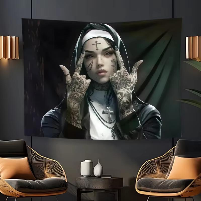 Gothic Nuns With Tattoos Tapestry, Rock Hand Sign Word Elements Wall Art For Living Room Backdrop Home Decor