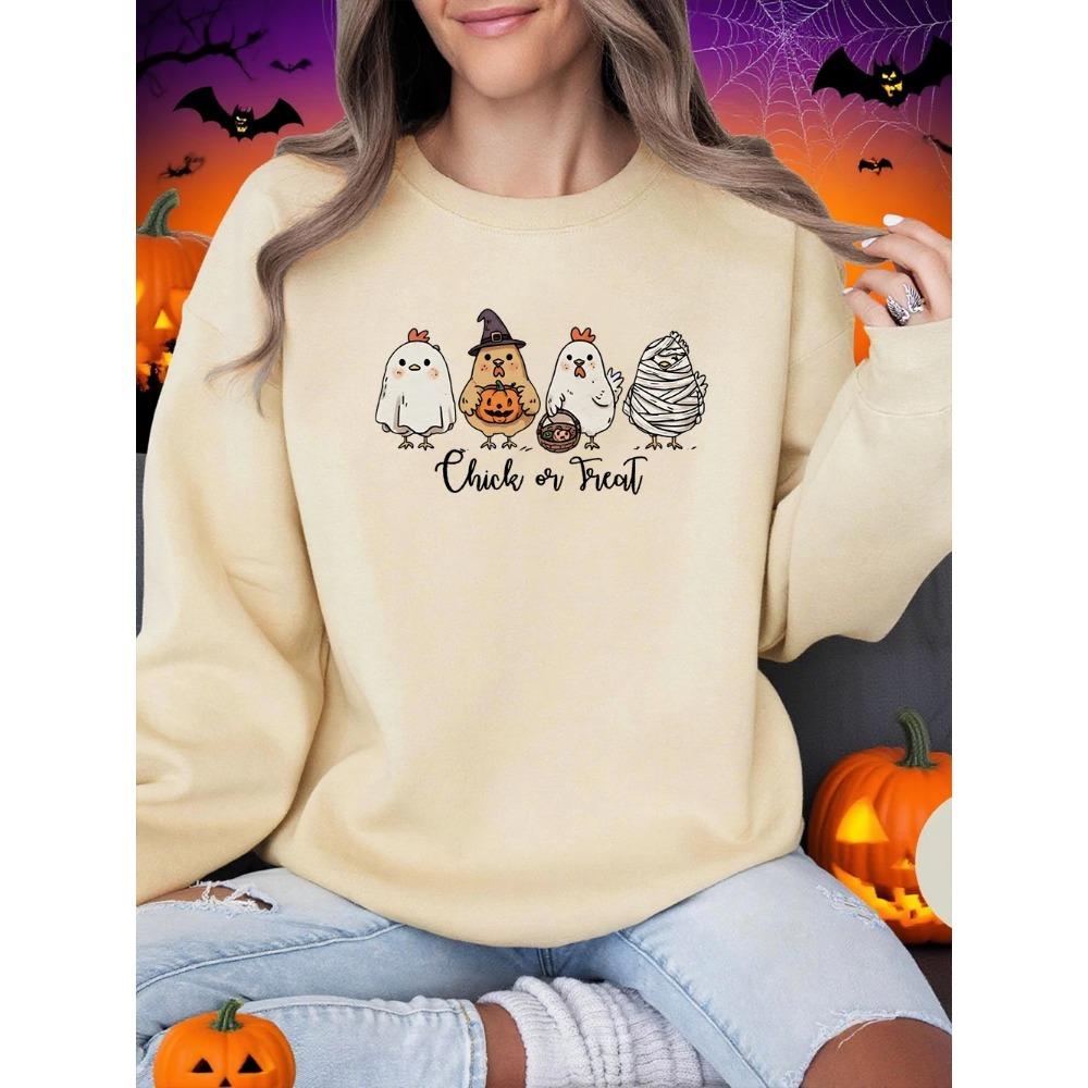 Four Different Shaped Chicks Prints Halloween Sweatshirt Women Winter Hoodie Crewneck Loose Pullover Casual Soft Clothes
