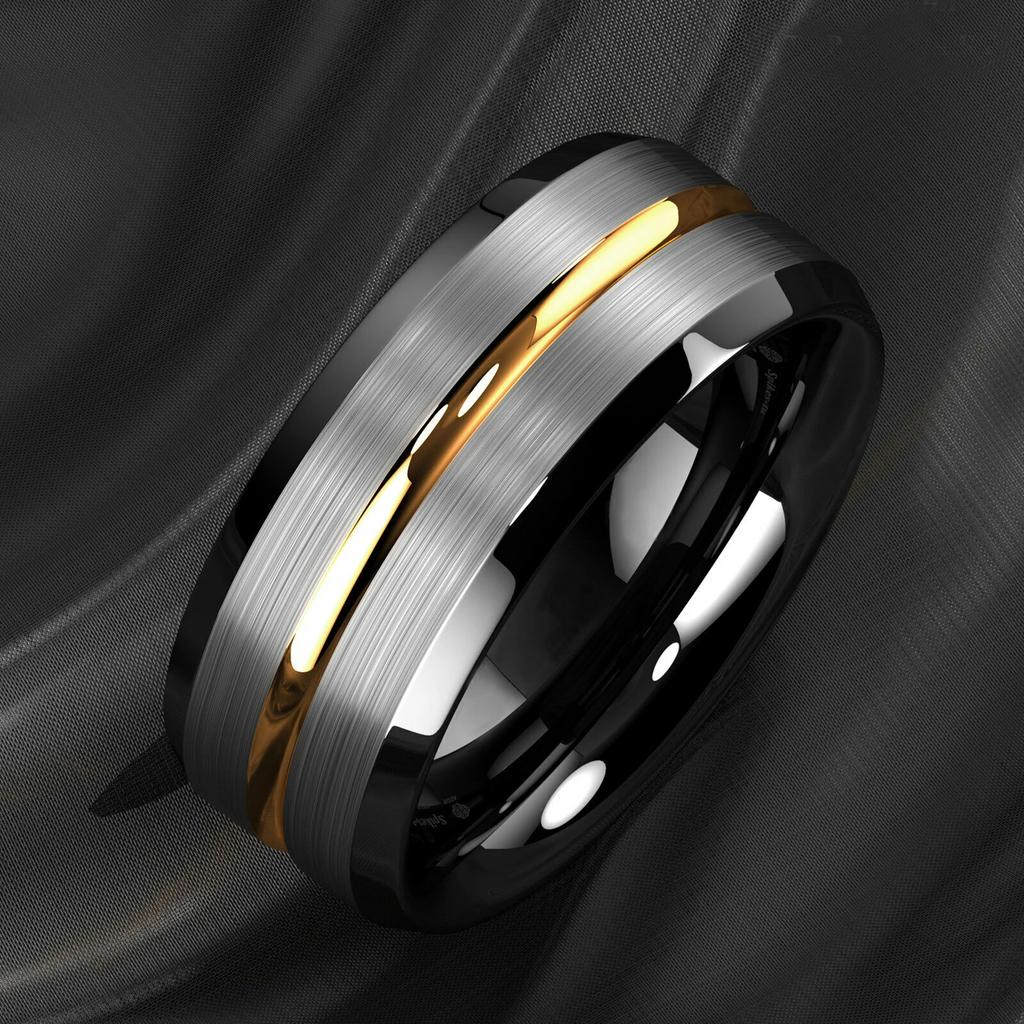 8MM Fashion Gold Color Groove Stainless Steel Rings Silver Color Brushed Black Edge Rings Women Wedding Band Jewelry Men's Ring