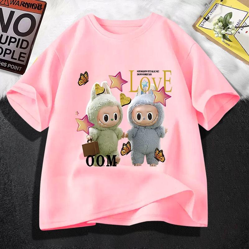 Cute Labubu Cartoon Printed T-shirt, Summer New Children's Round Neck Short Sleeved, Suitable for Girls Aged 4-14