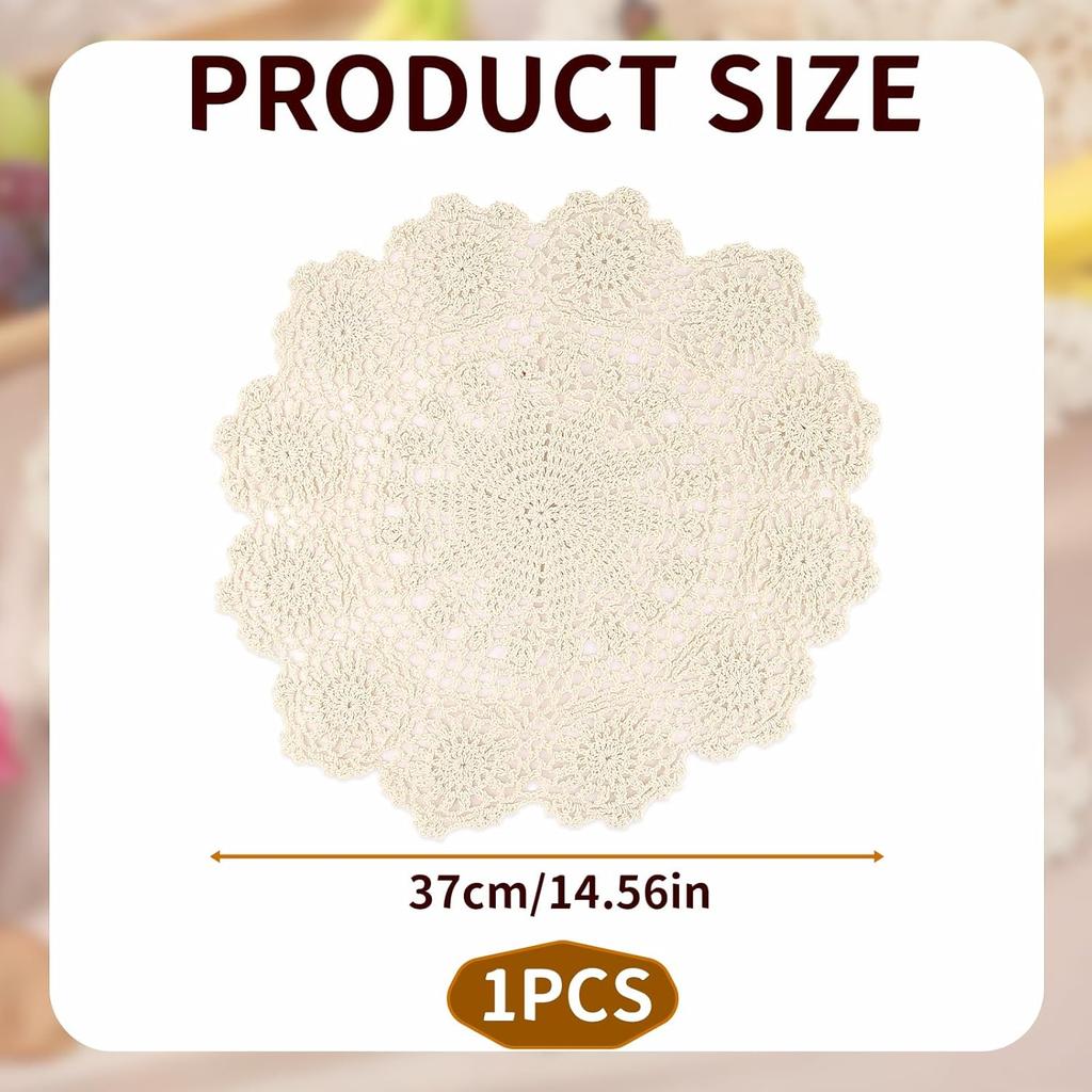1-Pack Vintage Lace Placemats - 15.7'' Large Crochet Lace Tablecloth Doilies - Handmade Embroidered Round Table Overlay for Dining, Tea Party,