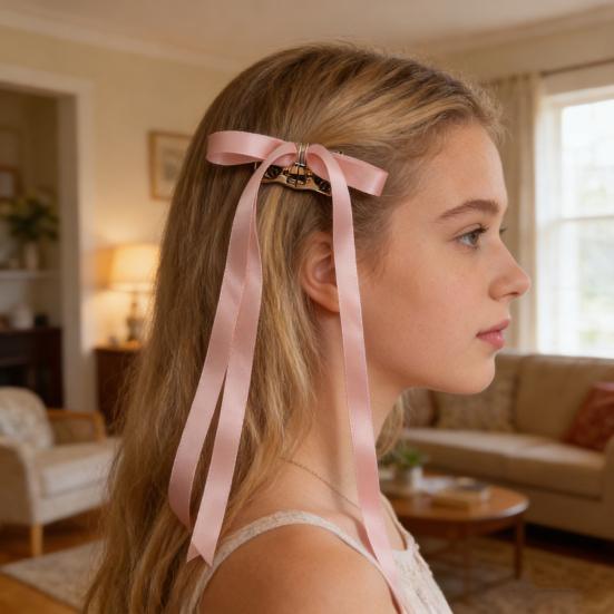 2Pcs Hair Claw Bow Shape Decorative Long Ribbon Hair Clip Powerful Holding Technology Seamless Magnetic Suction Design Hair Pin