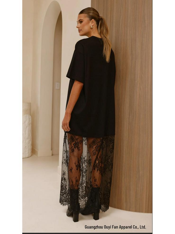 Elegant Lace Patchwork See-Through Hem T-shirt Dress - Casual Short-Sleeved Style
