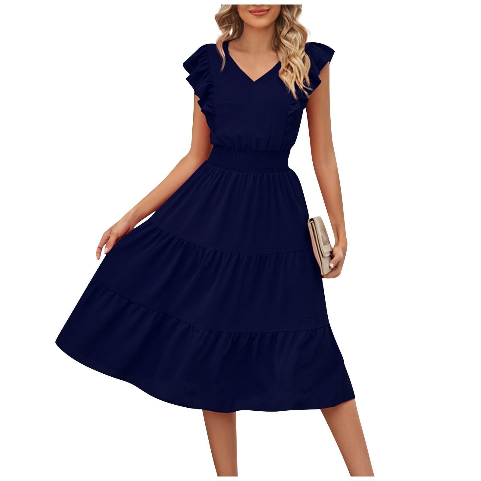 

Женское повседневное летнее платье без рукавов с оборками и V-образным вырезом, длинное свободное платье, длинное свободное платье L тёмно-синий